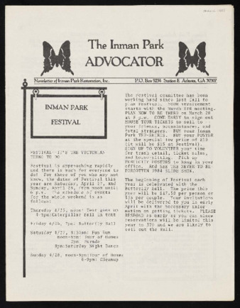 Inman Park Advocator (Atlanta, Georgia), March 1985