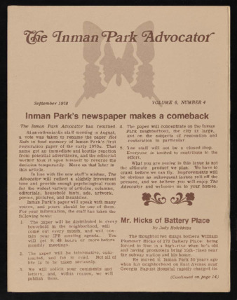 Inman Park Advocator (Atlanta, Georgia), September 1978