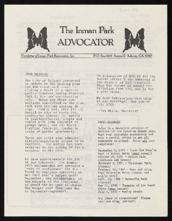 Inman Park Advocator (Atlanta, Georgia), July 1985