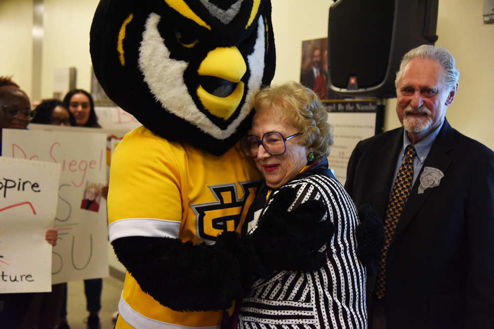 Betty L. Siegel and Scrappy at the Siegel Exhibition, November 13, 2017