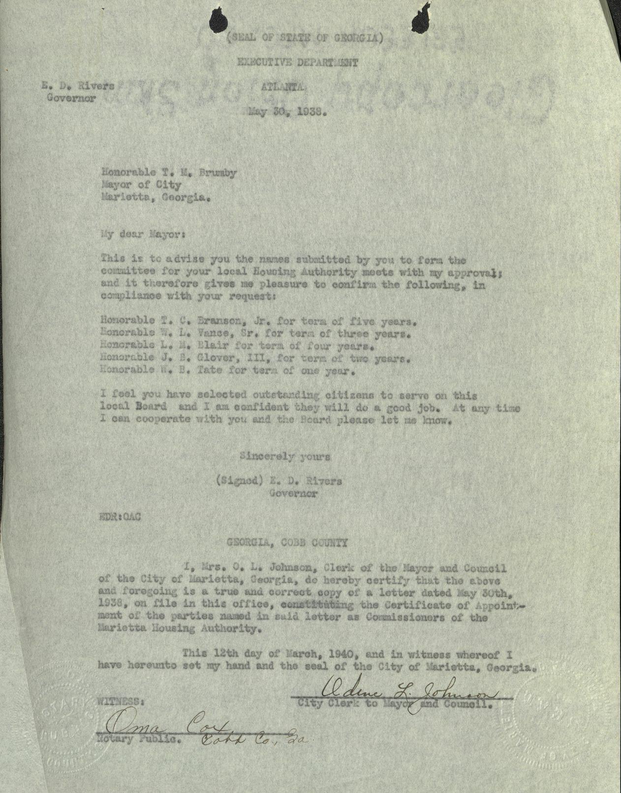 Letter approving the list of names to form the first committee for the Marietta Housing Authority
