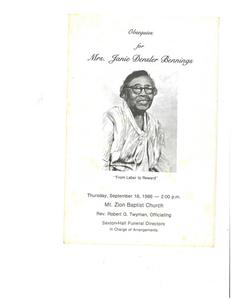 Funeral program for Janie Densler Bennings