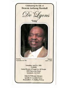 Funeral program for Anthony "Tony" Marshall De'Lyons