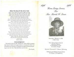 Funeral program for Mariah W. Green