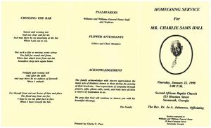 Funeral program for Charlie "Mr. Charlie" Sams Hall