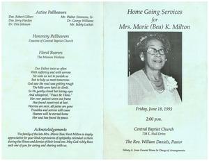Funeral program for Marie "Bea" Kent Milton