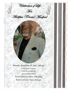 Funeral program for Adolphus "Onnie" Mumford