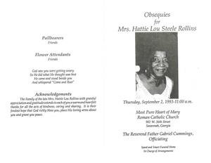 Funeral program for Hattie Lou Steele Rollins