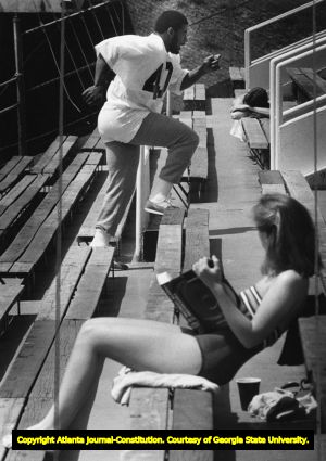 Georgia Tech's Eddie Lee Ivery running stairs on the stadium bleachers, 1980
