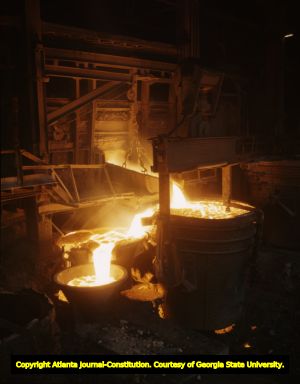 Atlantic Steel Company furnace pouring molten steel, 1947