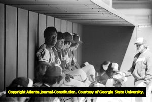 Atlanta Braves' Hank Aaron sitting out a game against the Reds so he can break Babe Ruth's record in Atlanta, 1974