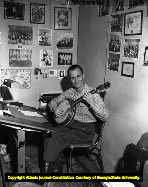 Banjoist Perry Bechtel in his office, 1959