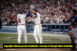 Javy Lopez celebrates his 6th inning homerun with Dave Justice, World Series Game Two, 1995