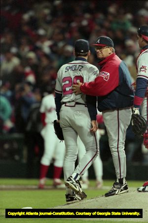 Bobby Cox pulls John Smoltz after a disasterous start, World Series Game Three, 1995
