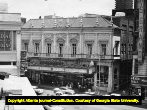 Paramount Theatre marquee stripped of fixtures after the theater closed, 1963