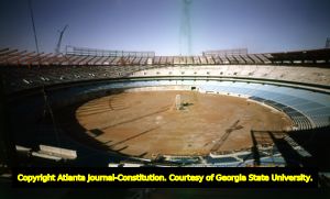 View of the new football and baseball field inside the Atlanta Fulton County Stadium, 1965