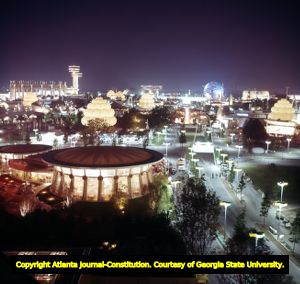 Night view of the New York World's Fair festival grounds and layout, 1964