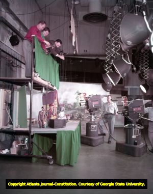 Puppeteers control the cast of "Woody Willow's Work Shop," 1956