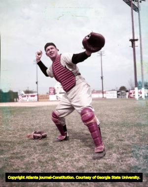 Atlanta Crackers' catcher Jim Salt during spring training, 1955