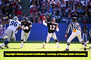 Atlanta Falcon Chris Miller in action against the Seattle Seahawks, December 15, 1991
