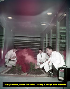 Lab researchers studying forest fire behavior in a controlled setting, 1959