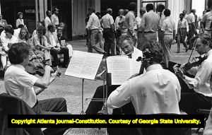 Members of the Atlanta Symphony Orchestra on strike during opening night, 1983