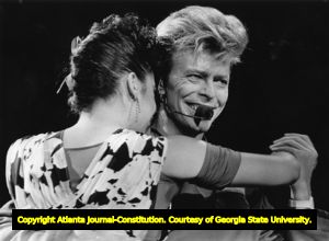 David Bowie dancing with his girlfriend Melissa Hurley on stage during his Glass Spider tour, 1987