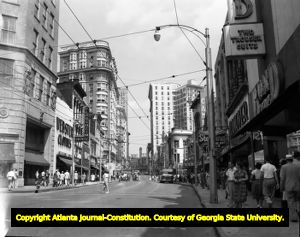 Storefronts along Peachtree Street near Five Points, 1950