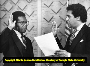 Mayor Maynard Jackson swearing in George Napper as new Atlanta police chief, 1978