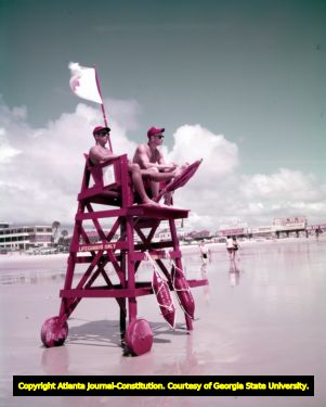 Lifeguard post at Daytona Beach near the pier shops, 1959