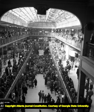Religious service being held inside the Peachtree Arcade, 1950