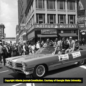 Milwaukee Braves parade through downtown before the Atlanta Stadium's debut game, 1965