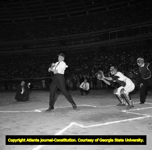 Mayor Ivan Allen missing the first pitch thrown at the opening game debut at the Atlanta Stadium, 1965