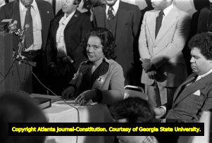 Coretta Scott King during a press conference with Mayor Maynard Jackson, 1975