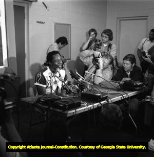 Hank Aaron in a press conference after the last game of the season, 1973