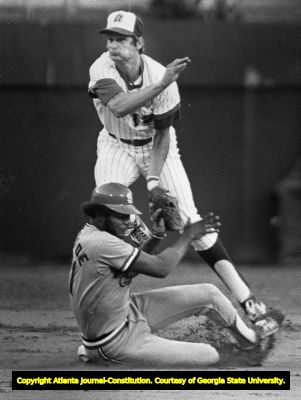 Braves' Darrel Chaney making a double play, circa 1970s