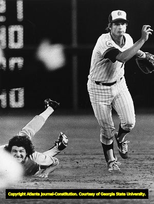 Atlanta Braves' Darrel Chaney during a double play against the San Francisco Giants, 1976