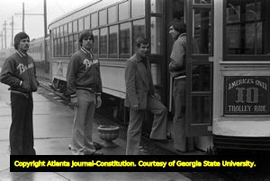 Braves' players and manager Bobby Cox on the road promoting the team and new season, 1978