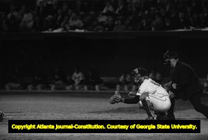 Atlanta Brave Joe Torre and umpire Bill Jackowski during the teams first game in Atlanta, 1966