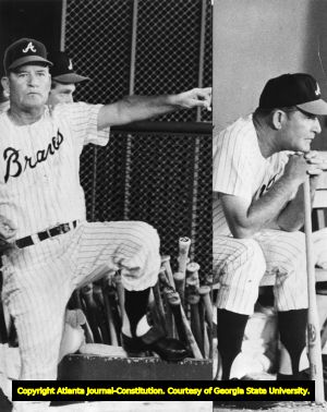 Atlanta Braves' manager Luman Harris in the dugout during a close game, 1968