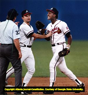 Atlanta Braves shortstop Andre Thomas argues with the umpire over a missed tag, 1990
