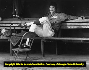Braves' pitcher Steve Bedrosian waiting in the dugout, 1982