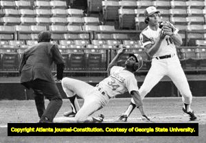 Atlanta Brave Darrell Evans holds the Dodgers' Lee Lacy at third, circa 1970s