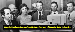 Mayor Sam Massell with an architectural model of the new design for the Atlanta Public Library, 1973