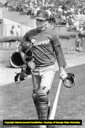 Atlanta Braves' Bruce Benedict with his catcher's gear during spring training, 1984