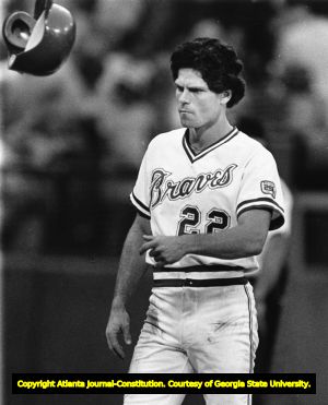 Atlanta Braves' Brett Butler frustrated after being left stranded, 1983