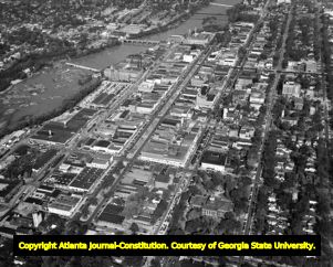 Aerial view of Columbus near the Chattahoochee River, circa 1950s
