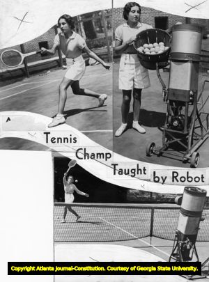 Female tennis player Gladys Vallebuona practicing with a tennis ball machine, 1936