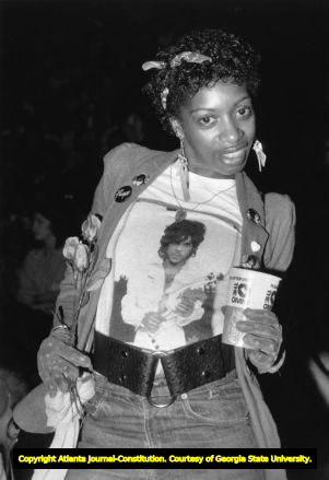 Prince fan in the audience during the Purple Rain tour, 1985