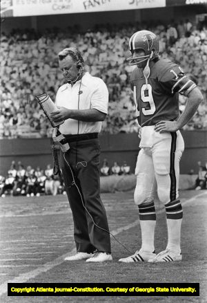Atlanta Falcons' coach Van Brocklin with quarterback Bob Lee, circa 1973 or 1974